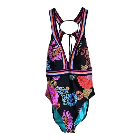 TRINA TURK Women's 12 Electric Reef Swimsuit One Piece V-Neck Halter Tropical - Picture 3 of 10